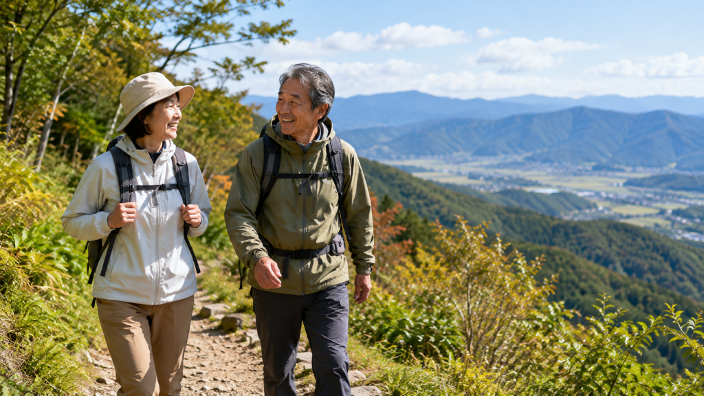 秋の山を歩きながら会話を楽しむ二人